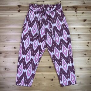 Molly Bracken Paperbag Pants Womens Small Pink and Purple Boho Geometric Batik